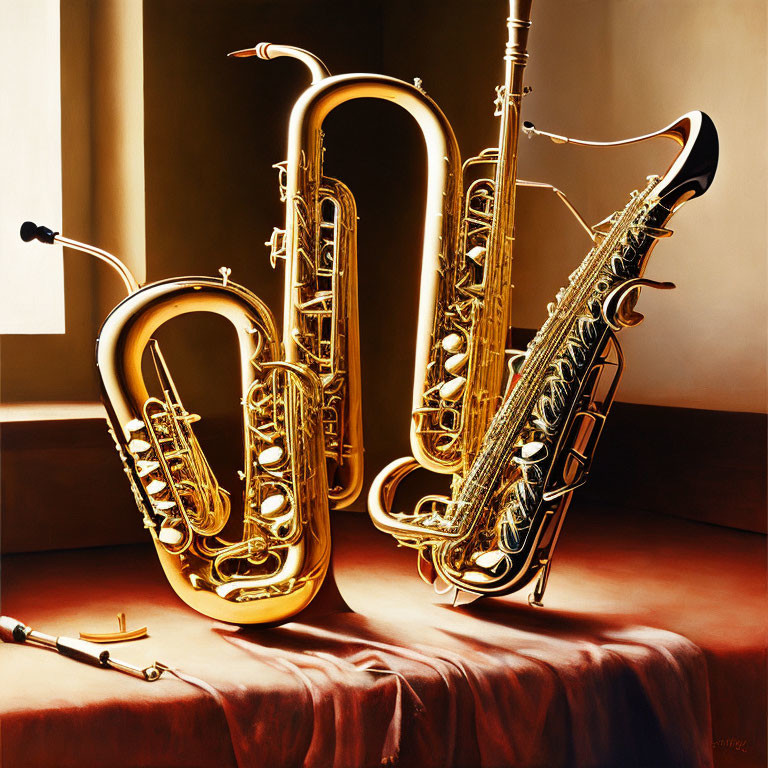 Brass wind instruments on warm-toned background