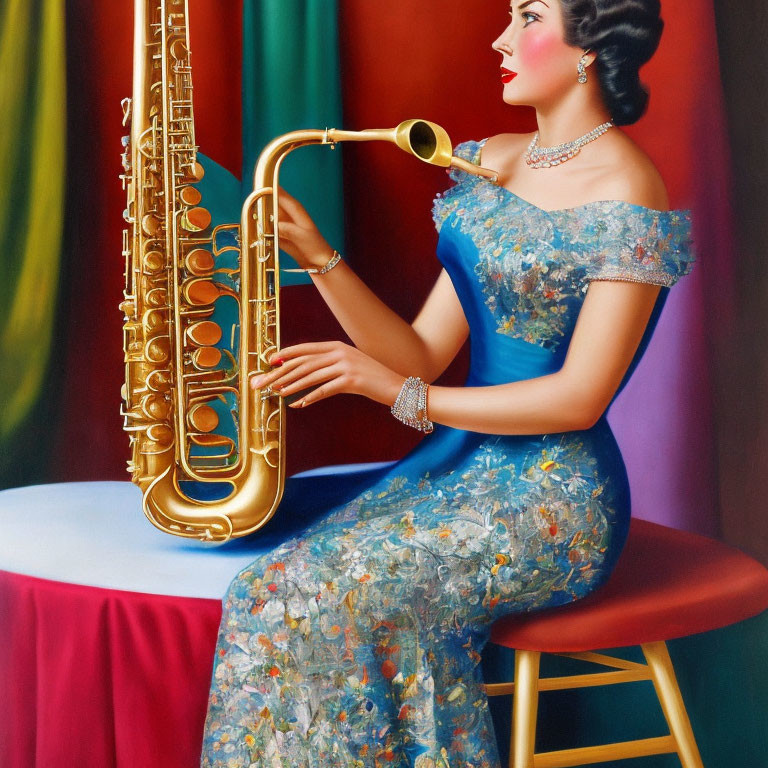 Vibrant illustration: elegant woman in blue floral dress with golden saxophone, red and green dr