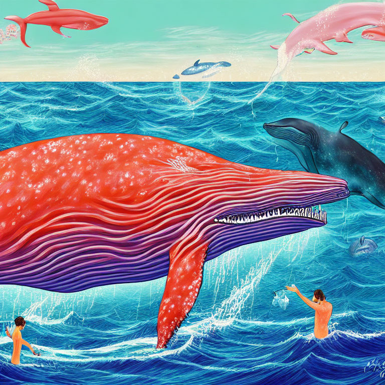 Colorful Illustration: Giant Red Whale and Swimmers in Surreal Ocean Scene