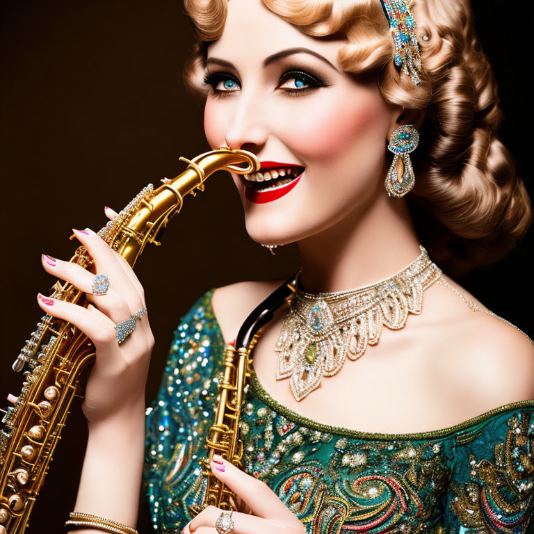 Vintage Glamorous Woman Poses with Saxophone in Luxurious Attire