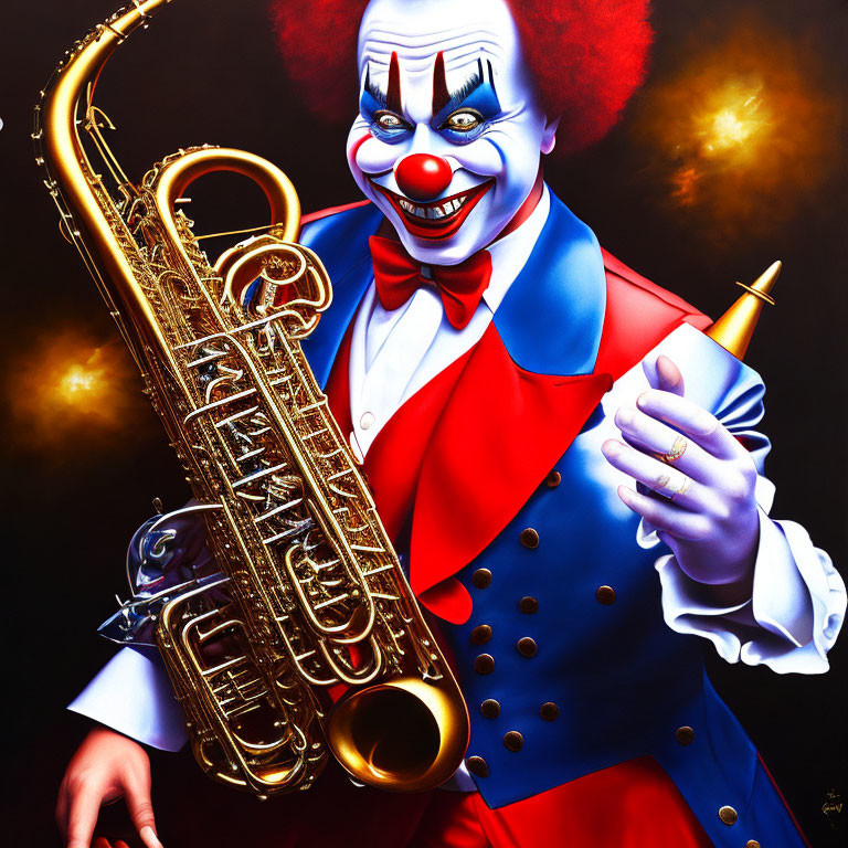 Colorful Clown Holding Saxophone in Red and Blue Costume on Dark Background