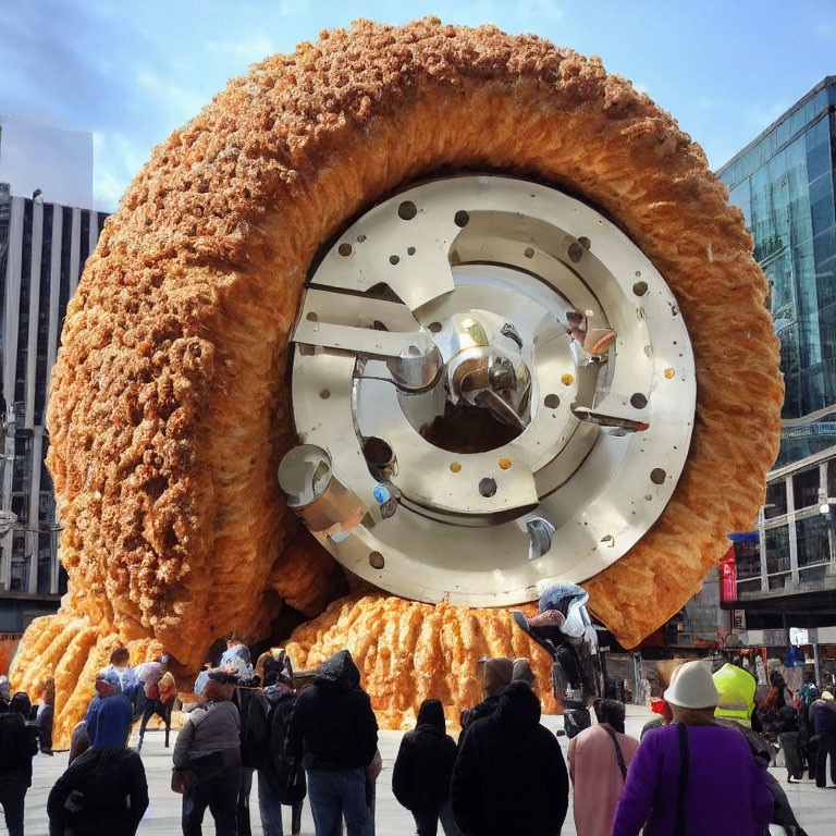 Giant fried chicken drumstick sculpture in urban setting with onlookers