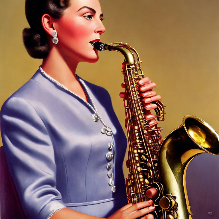 Woman in Blue Outfit Playing Saxophone with Pearl Accessories