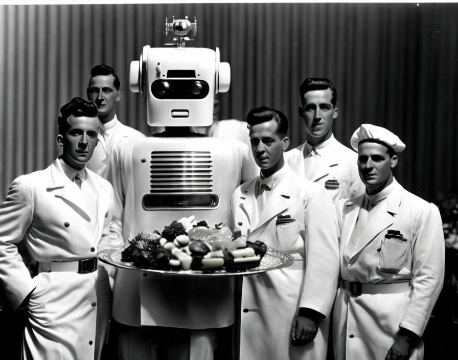 Four Men in White Uniforms with Vintage Robot and Tray of Food