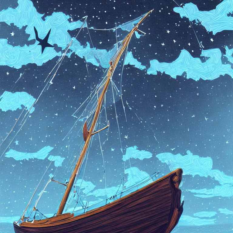 Stylized sailboat under starry night sky with celestial birds and wave-like stars.