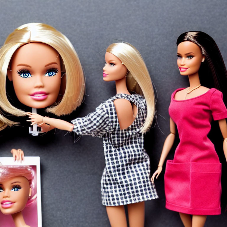 Three Barbie dolls in various outfits against dark background