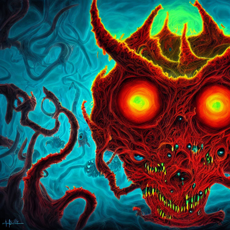 Digital Artwork: Fiery Red Demonic Creature with Glaring Eyes