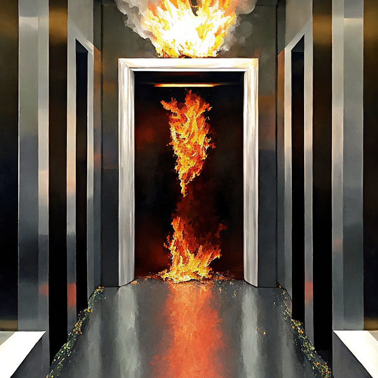 Colorful painting: comet in metallic tunnel towards explosion