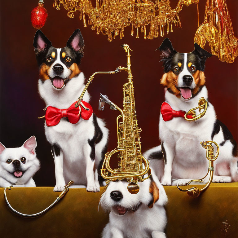 Four dogs with musical instruments and red bows under a chandelier