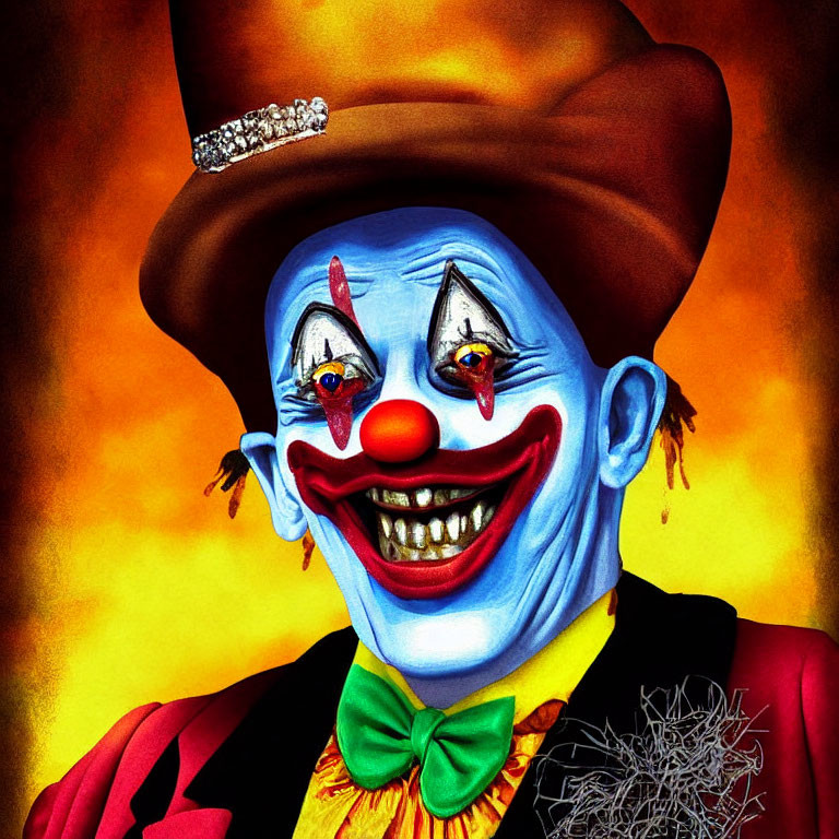 Vibrant clown illustration with painted face and colorful accessories