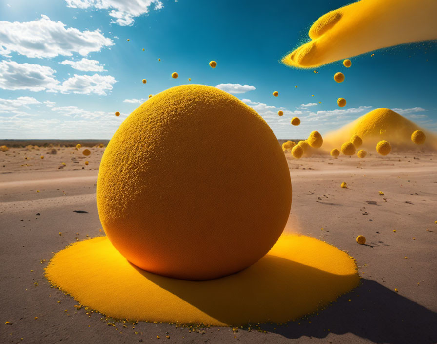 Yellow Velvet Spheres Drop Powder in Desert Landscape