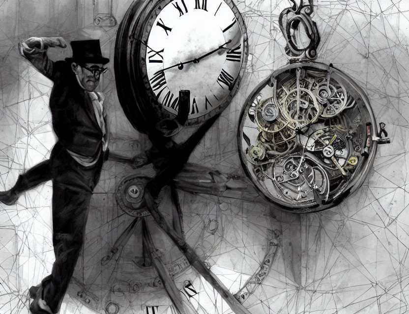 Monochrome artwork of man leaping between clock face and pocket watch with gears.