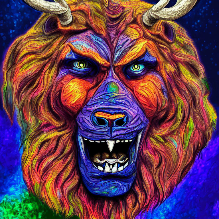 Colorful lion digital art with cosmic background