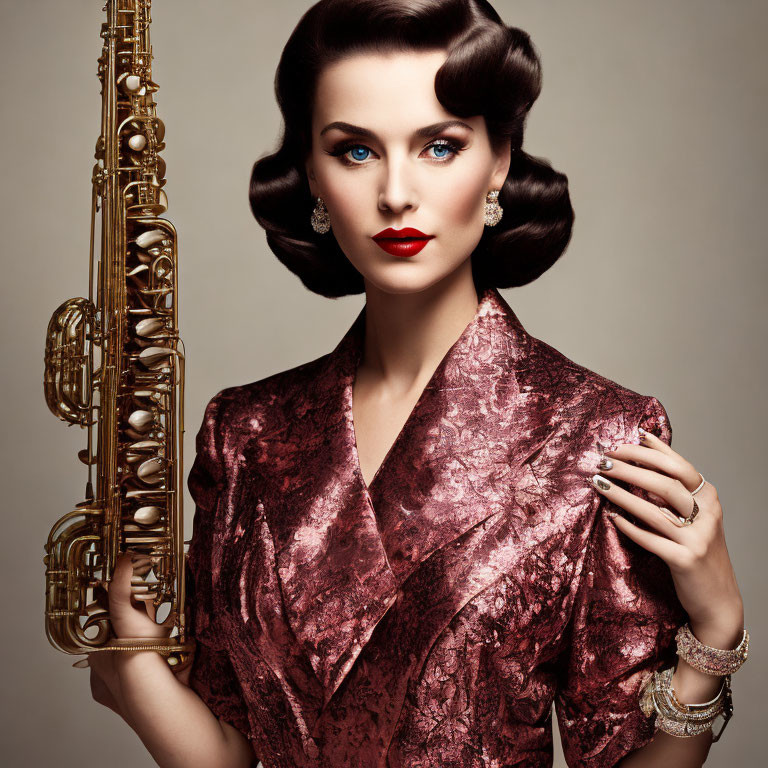 Vintage-inspired woman in satin dress with saxophone, exuding classic glamour