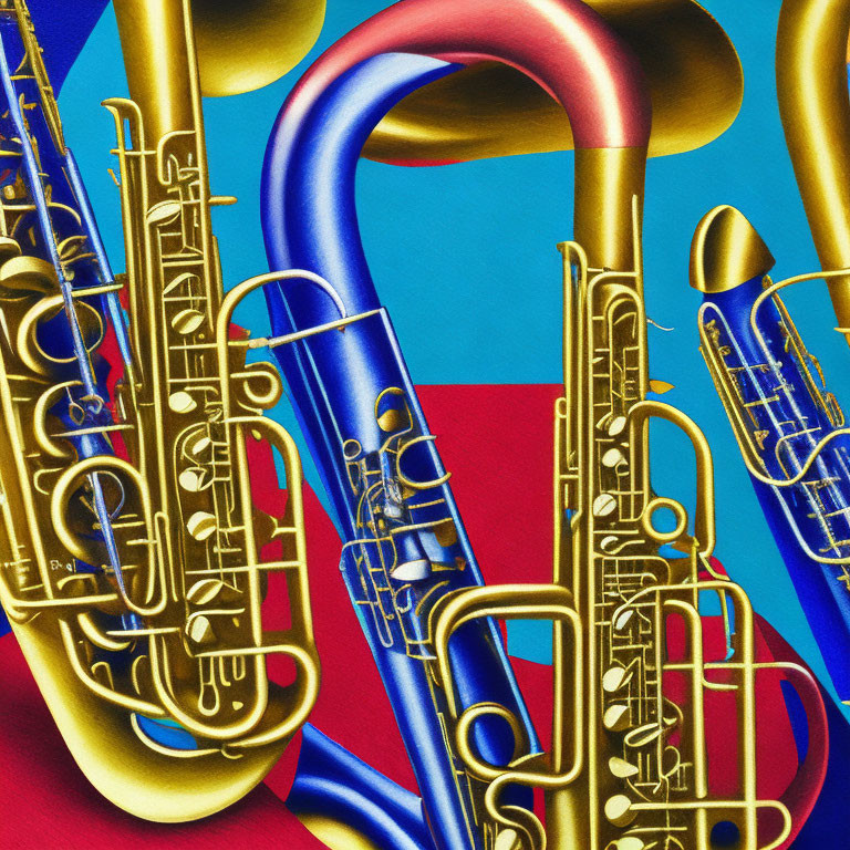 Colorful digital artwork of brass instruments on geometric backdrop