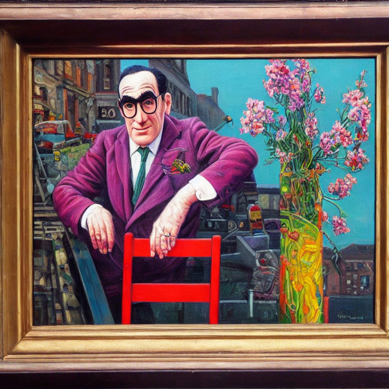 Vibrant painting of man in purple suit with glasses, red chair, flowers, cityscape