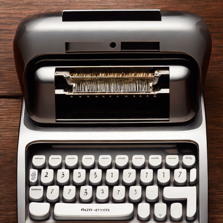 Vintage Typewriter with White Keys on Wooden Background