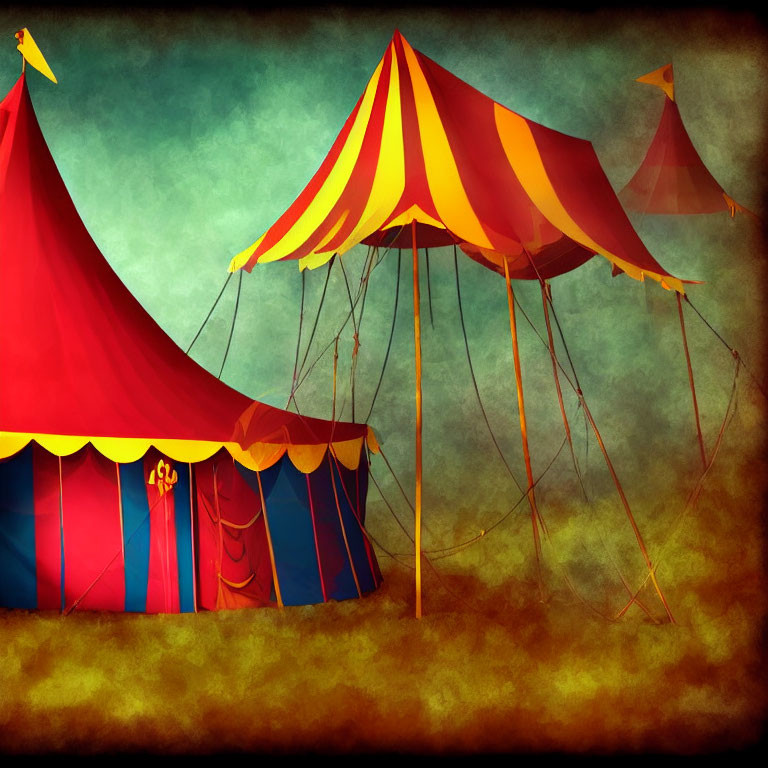 Vintage Circus Scene with Red & Yellow Striped Tents Against Moody Sky