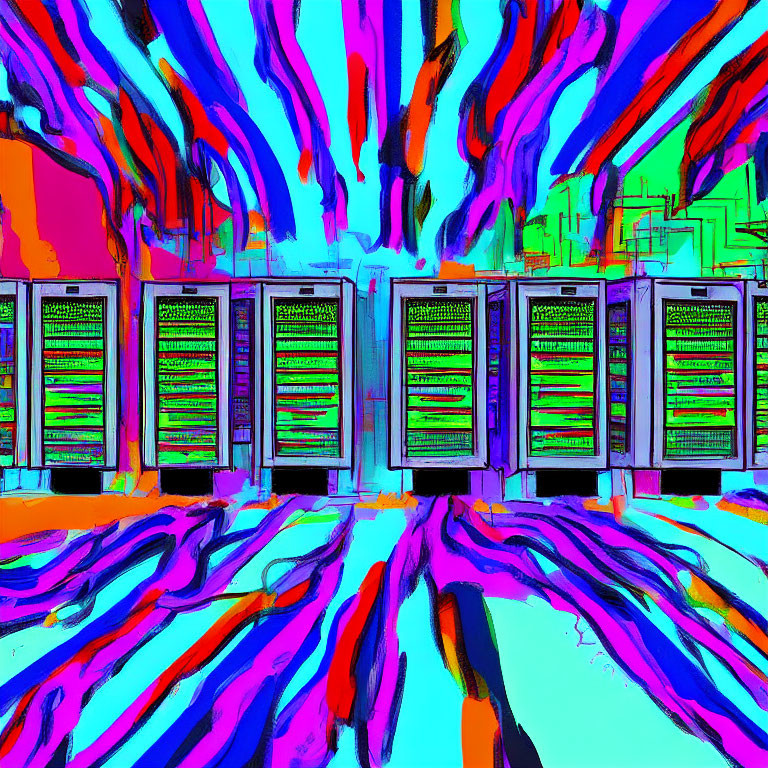 Vibrantly Distorted Data Center with Neon Server Racks