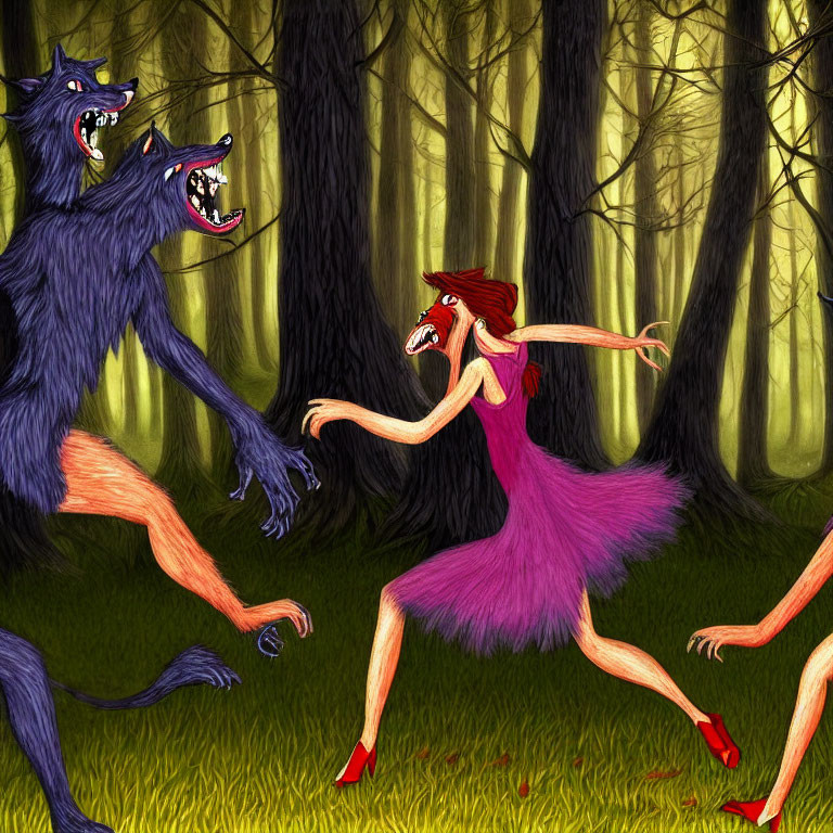 Woman in Purple Dress Running from Menacing Wolves in Dark Forest