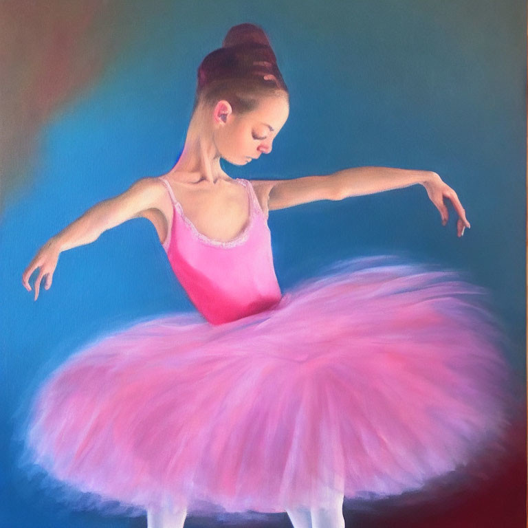 Young ballet dancer in pink tutu poses gracefully on soft blue background