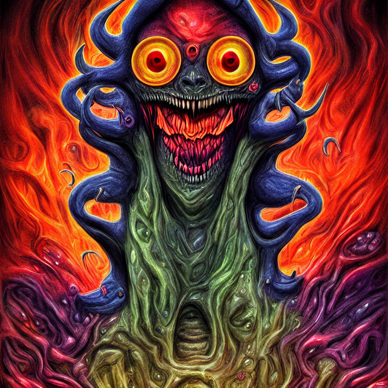 Detailed Illustration of Monstrous Creature with Tentacles and Fiery Eyes