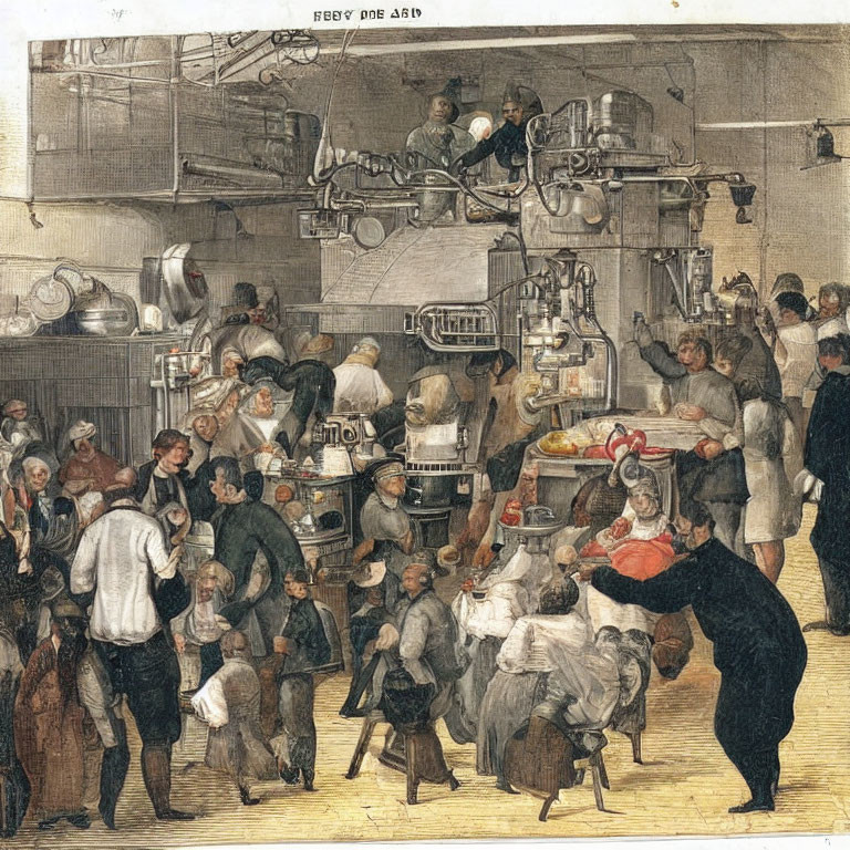 Busy Kitchen Scene with Cooks and Assistants Amidst Ovens and Equipment