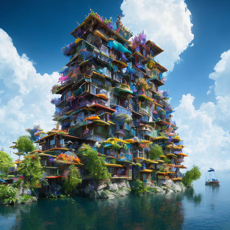 Fantasy structure with multiple levels and flora by tranquil water