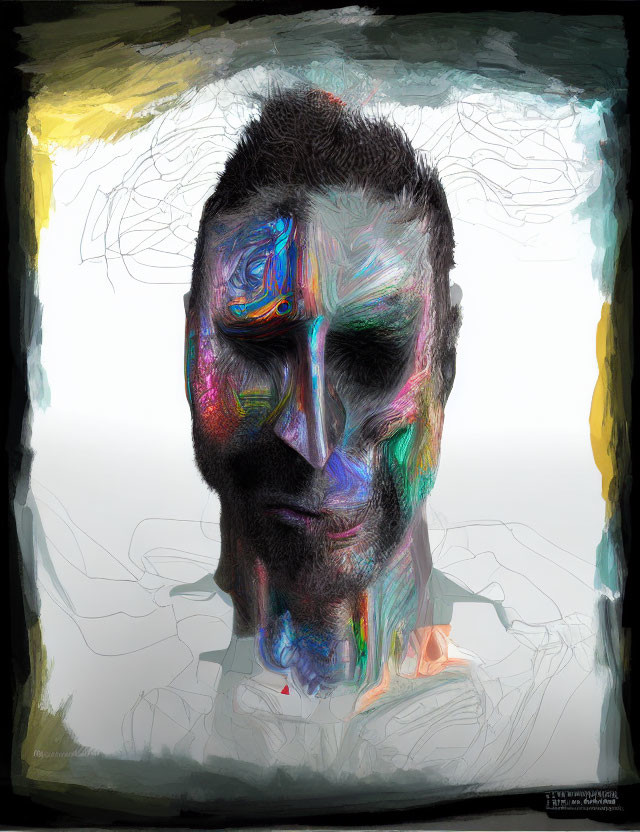 Abstract digital portrait with colorful brush strokes and sketch-like quality