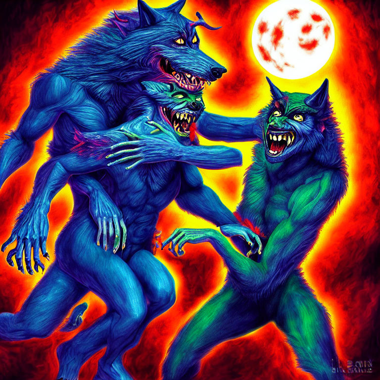 Vibrant werewolves snarling under full moon and fiery backdrop