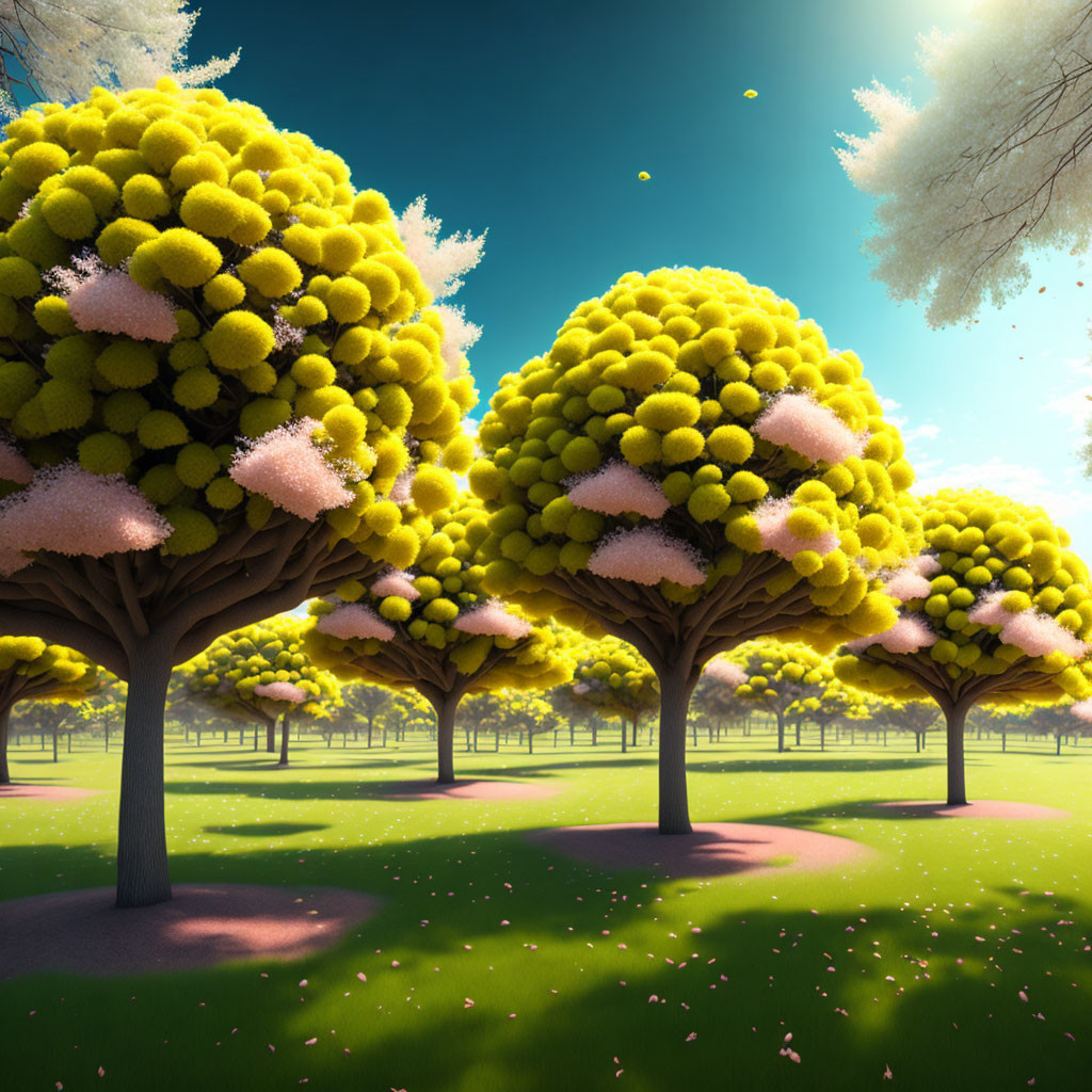 Fantastical park digital artwork with vibrant yellow and pink trees