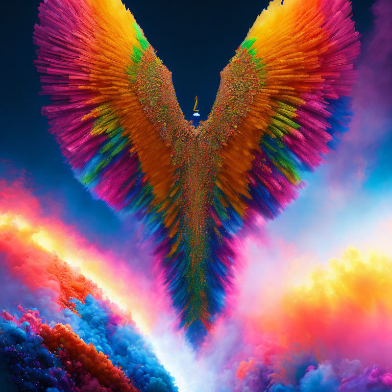 Symmetrical wings against vibrant sky in blue and pink