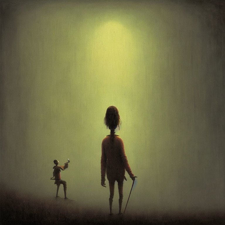 Two Figures with Glowing Background and Staff: Mysterious and Eerie Atmosphere