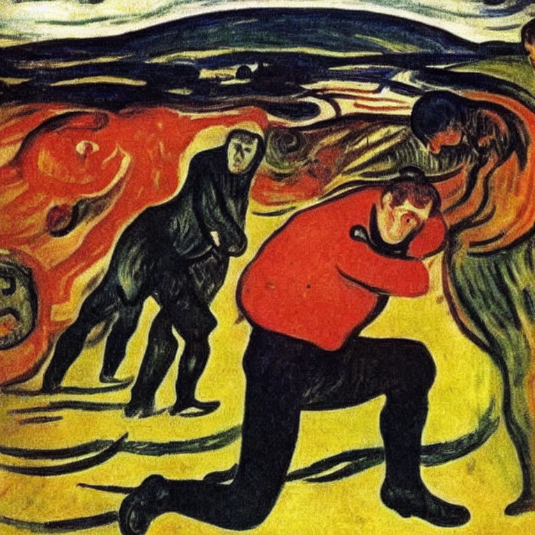 Expressionist painting of person in red shirt, hands on cheeks, amidst vibrant backdrop