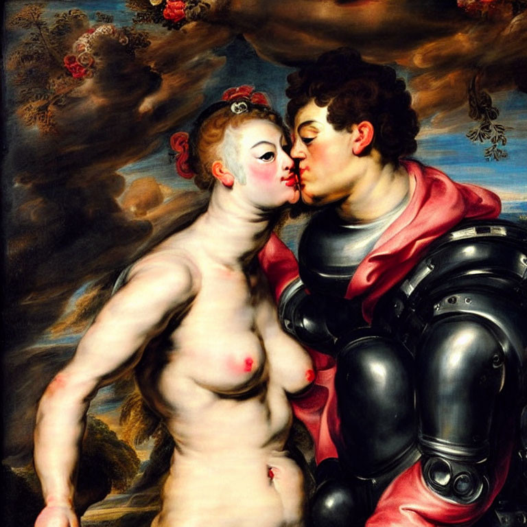 Painting of armored man kissing woman on cheek in floral setting