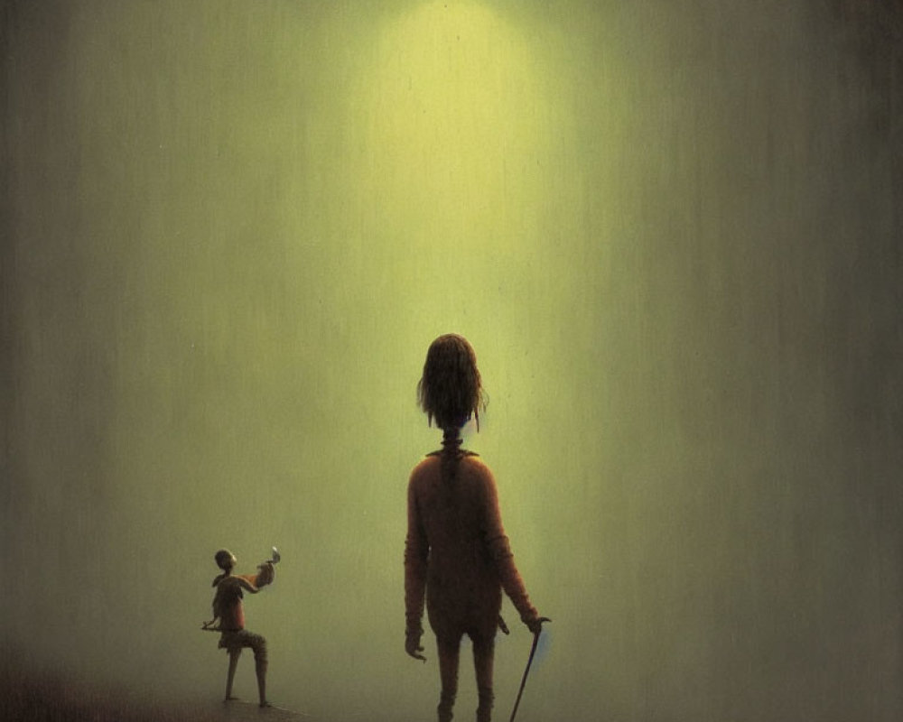 Two Figures with Glowing Background and Staff: Mysterious and Eerie Atmosphere