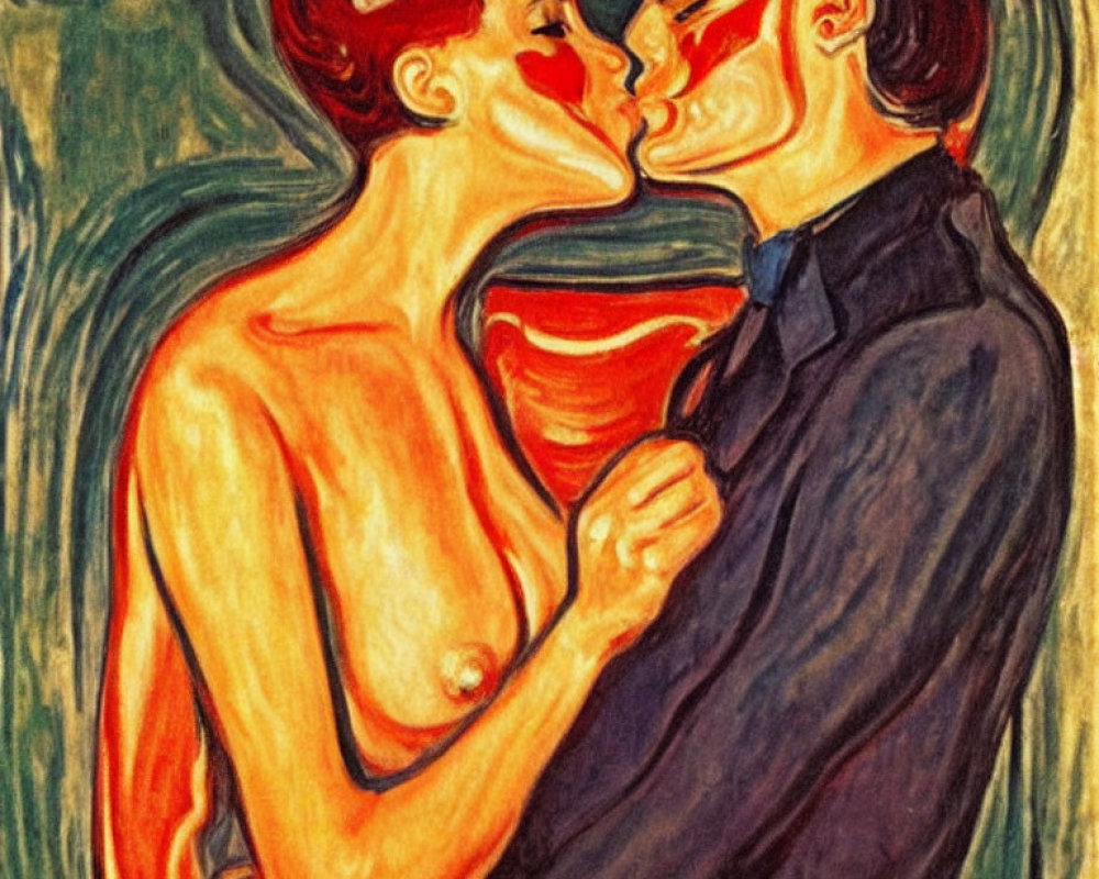 Colorful painting of passionate kiss between red-haired woman and dark-haired man against swirl-patterned background