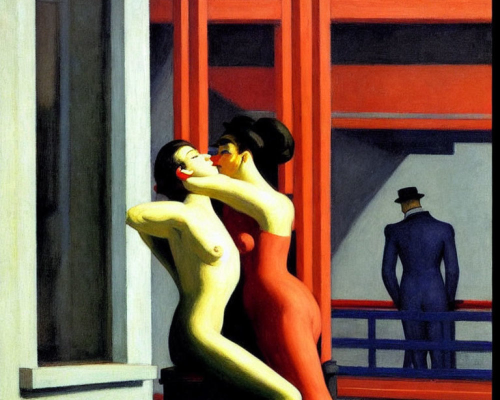 Vivid painting of couple embracing by window with man in hat on balcony