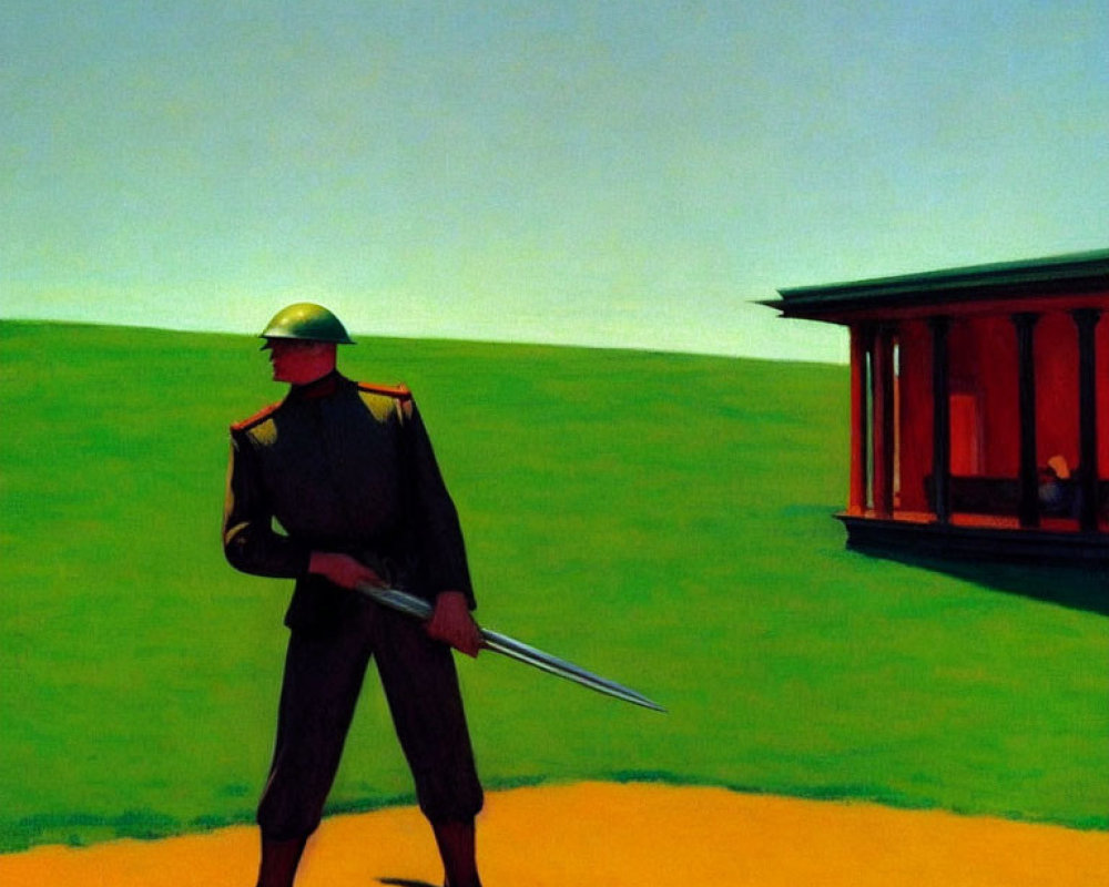 Metallic helmet figure with long blade in green landscape near red structure