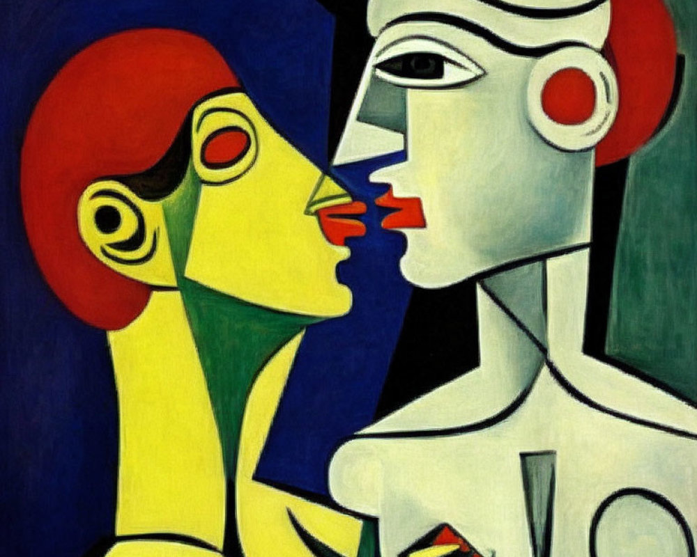 Abstract painting: Two faces in profile with bold colors & exaggerated features