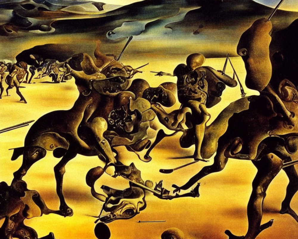 Abstract surrealistic painting of humanoid figures in chaotic battle