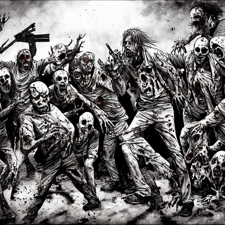 Horde of Aggressive Zombies with Decaying Features and Weapons in Ominous Setting