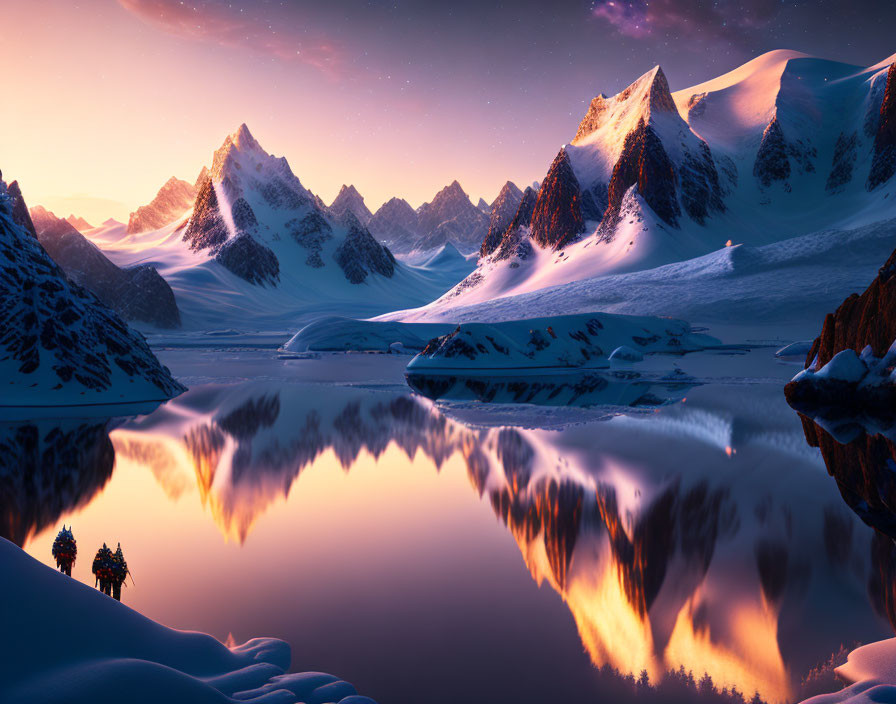 Snowy Mountain Landscape at Dusk with Reflection in Calm Lake