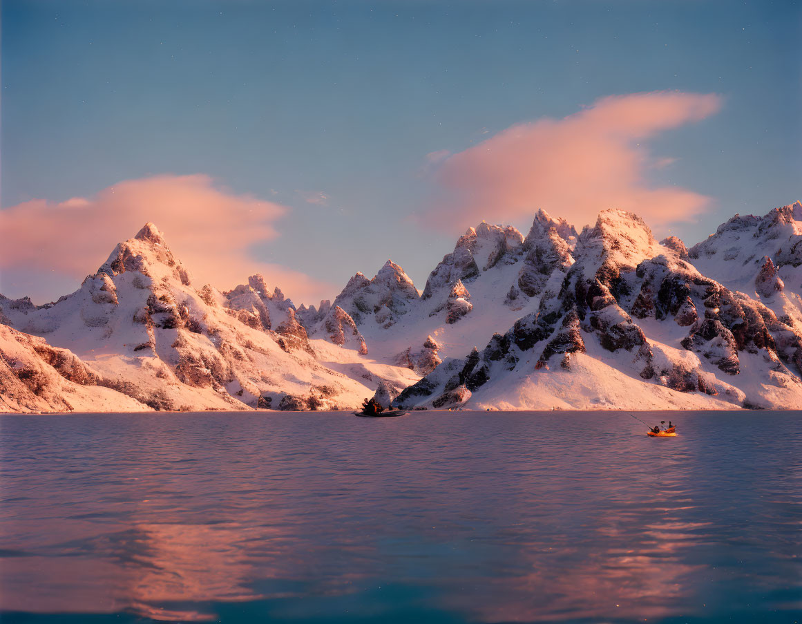 Snow-capped mountains reflected in calm waters at dusk with lone kayak