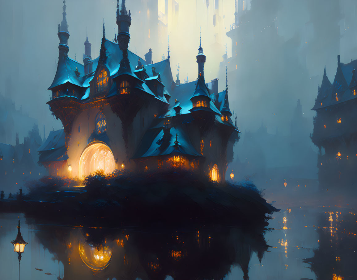 Ethereal fantasy castle on misty island under dusky sky