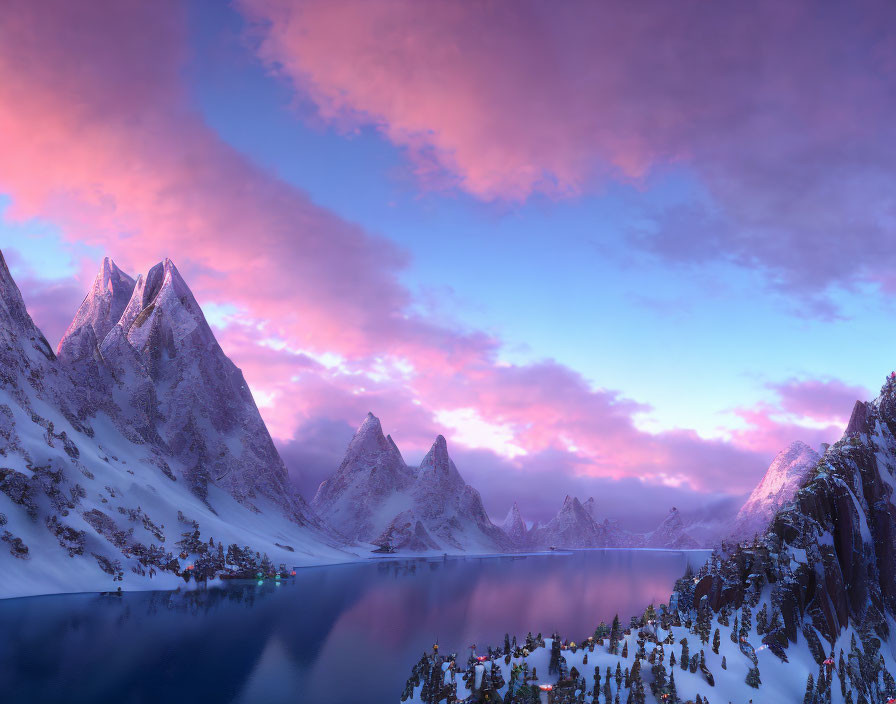 Snow-covered Mountain Peaks Reflecting in Calm Lake at Sunrise