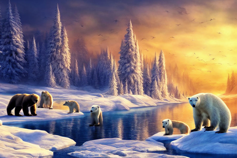 Bears on Snow-Covered Icebergs in Golden Winter Landscape