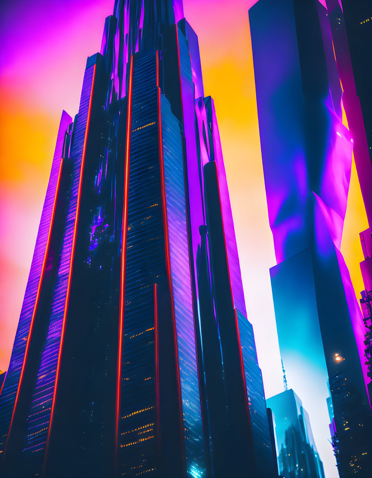 Futuristic cyberpunk cityscape with tall neon-lit skyscrapers