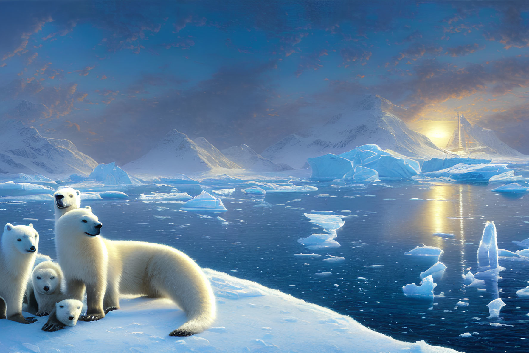 Polar bears on icy landscape with mountains and ship.