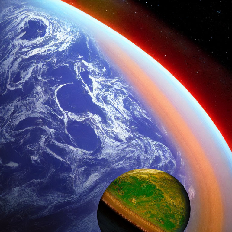 Digital artwork: Earth from space with surreal green planet or moon in starry sky